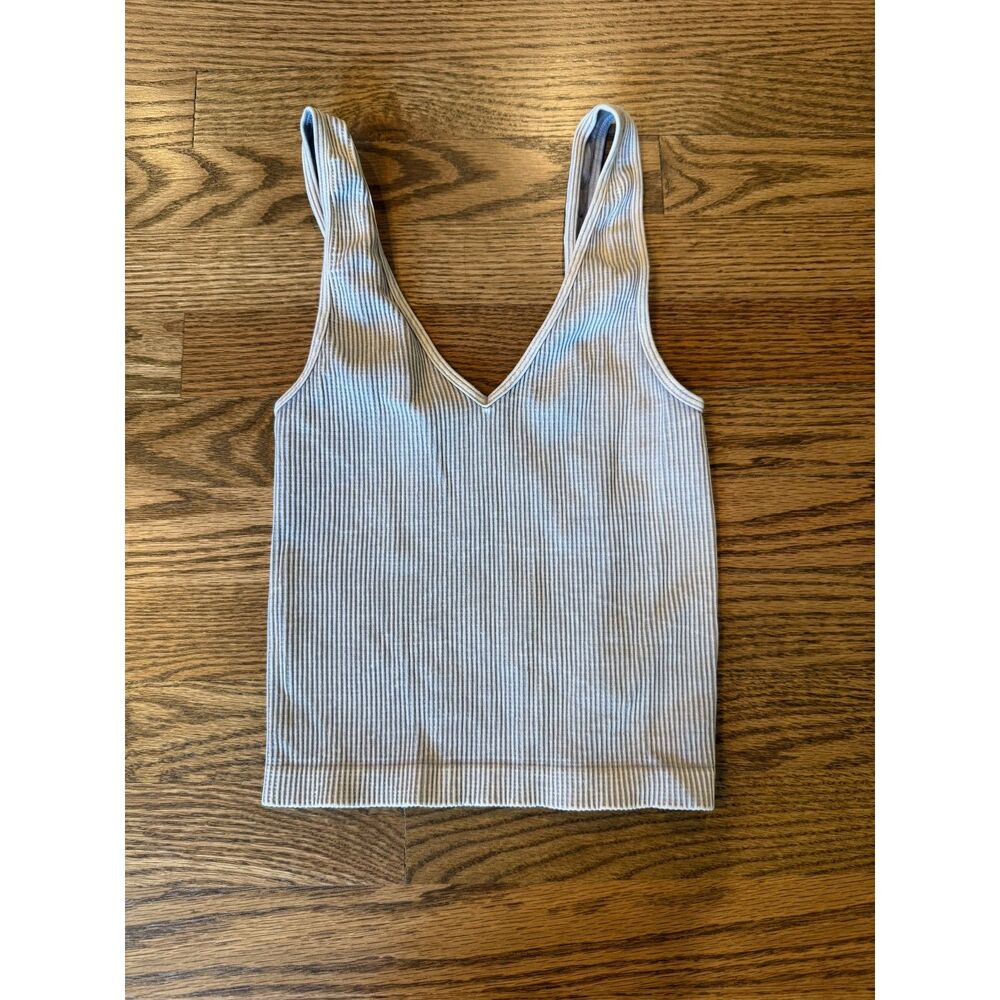 NikiBiki Ribbed Stripe V-Neck Crop Tank — Blue Gray | One Size